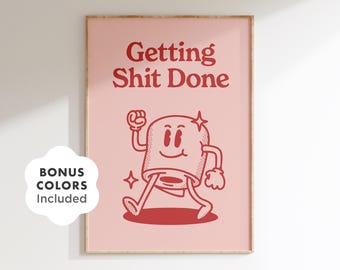 Funny Toilet Paper Bathroom Sign, Getting Shit Done Print, Red Retro Bathroom Wall Art, Funny Restroom Decor, Guest Bath Art