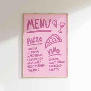Arte mural imprimible con menú italiano rosa, póster retro de pizza y vino para cocina, decoración divertida para el comedor, impresión de restaurante moderno, obra de arte gastronómico vintage