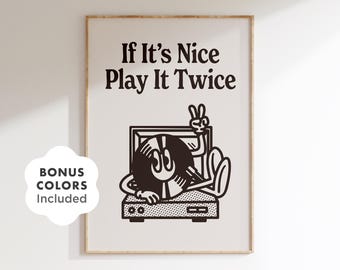 Retro Vinyl Record Player Poster, Play It Twice Quote (Digital Download)