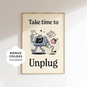 Retro Unplug Poster, Printable Self Care Wall Art for Tech Detox, Funny Computer Illustration, Digital Download Home Office Decor