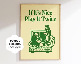 レトロなレコードプレーヤーのプリント、Play It Twiceの引用句、グリーンの音楽ウォールアート、グルーヴィーなターンテーブルポスター、寮の部屋の装飾、レコード好きへのギフト