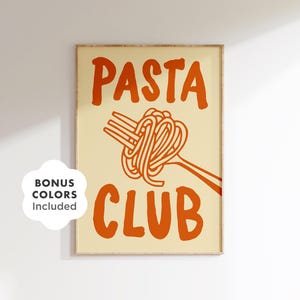 面白いパスタプリント：レトロなキッチンウォールアート、グルーヴィーな食べ物イラスト（デジタルダウンロード）