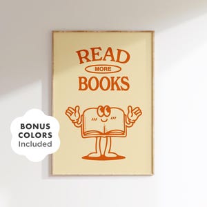 もっと読む本の壁アート、レトロな読書愛好家のポスター、ヴィンテージの読書装飾、勉強部屋のプリント、教師への贈り物、図書館の引用句のデジタルダウンロード