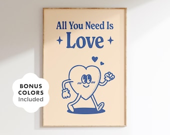 All You Braucht ist Liebe Poster, Herz Charakter Wandkunst, Retro Liebe Print, süßes druckbares Dekor für Paare, romantische Wandkunst