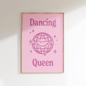 Póster imprimible de discoteca rosa con diseño retro de la reina del baile para dormitorio o fiesta, con una estética moderna de los años 70, descarga digital.