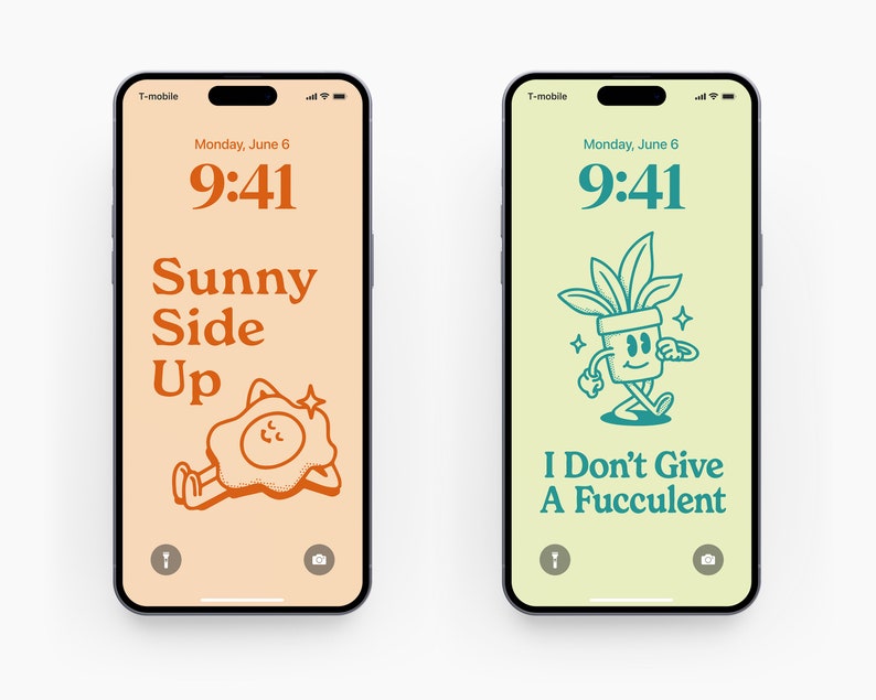 May include: Two iPhone mockups with different phone wallpapers. The left phone has a peach background with an orange cartoon egg character and the text "Sunny Side Up". The right phone has a light green background with a green cartoon potted plant character and the text "I Don't Give A Fucculent".