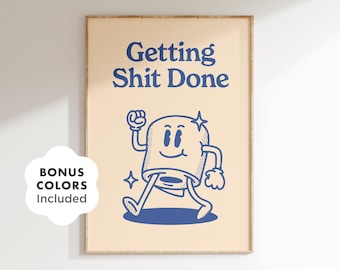 Funny Toilet Paper Bathroom Sign, Getting Shit Done Print, Blue Retro Bathroom Wall Art, Funny Restroom Decor, Guest Bath Art