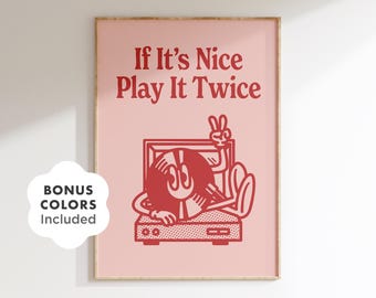 Retro Vinyl Record Player Print, Play It Twice Quote, Red Music Wall Art, Dorm Room Decor, Groovy Record Poster, Music Lover Gift
