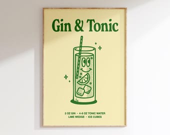 Pode incluir: Um cartaz amarelo com uma ilustração verde de uma bebida de gin tónico. O texto do cartaz diz "Gin & Tonic" e inclui os ingredientes: "2 oz de gin, 4-6 oz de água tónica, uma fatia de limão, cubos de gelo".