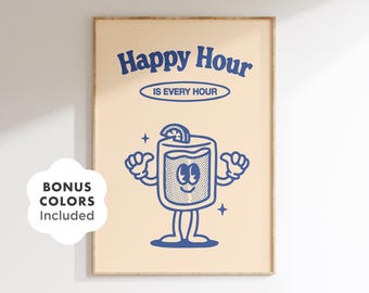 Retro Cocktail Print, Happy Hour Wall Art, Blue Bar Cart Decor, Funny Pub Sign, Home Bar Poster, Cocktail Lover Gift