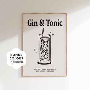 Gin and Tonic Recipe Print: Retro Cocktail Art for Bar Cart Decor (Digital Download)