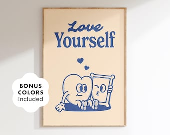 Self Love Wandkunst, druckbares Retro-Poster, Love Yourself Zitat Print, motivierende psychische Gesundheit Dekor, positive Selbstpflege Kunst