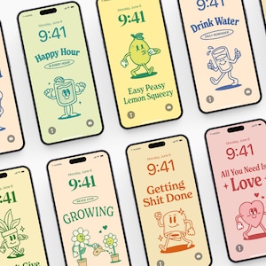 Könnte beinhalten: Neun Telefonbildschirme mit verschiedenen Hintergründen und Illustrationen. Jeder Bildschirm zeigt die Uhrzeit 9:41. Die Illustrationen beinhalten eine Scheibe Brot, ein Glas Limonade, ein Glas Wasser, eine Blume, eine Kaffeetasse und ein Herz. Der Text auf den Bildschirmen lautet "Get this read", "Happy Hour", "Drink Water", "Growing", "Getting Shit Done", "All You Need Is Love" und "Easy Peasy Lemon Squeezy".