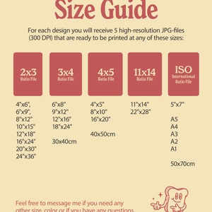 May include: A size guide for digital prints, showing different aspect ratios and corresponding sizes in inches and centimeters. The guide includes sizes for 2x3, 3x4, 4x5, 11x14, and ISO international paper sizes.