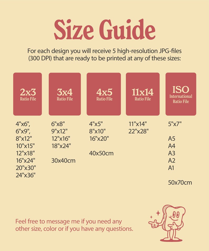 May include: A size guide for digital prints, showing different aspect ratios and corresponding sizes in inches and centimeters. The guide includes sizes for 2x3, 3x4, 4x5, 11x14, and ISO international paper sizes.