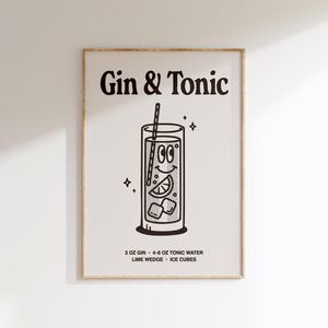 Gin And Tonic Printable Wall Art, Czarno-biały plakat z przepisem na koktajl do wystroju baru lub kuchni, Retro Drink Artwork