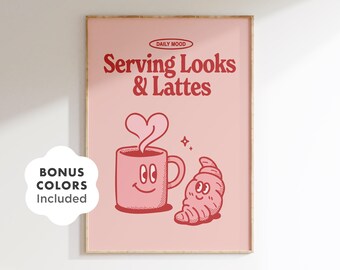 Retro Pink Coffee Poster: Funny Latte & Pastry Kitchen Art (Digital Download)