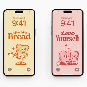 May include: Two phone screen mockups with different designs. The left phone has a yellow background with a cartoon slice of bread with arms and legs. The text on the screen says "Get this Bread". The right phone has a pink background with a cartoon heart holding a mirror. The text on the screen says "Love Yourself".