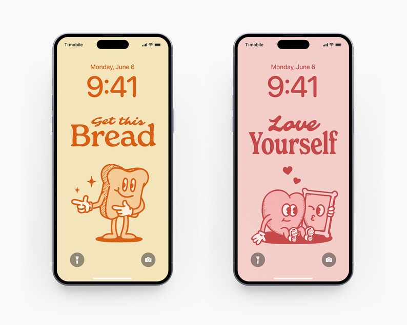 May include: Two phone screen mockups with different designs. The left phone has a yellow background with a cartoon slice of bread with arms and legs. The text on the screen says "Get this Bread". The right phone has a pink background with a cartoon heart holding a mirror. The text on the screen says "Love Yourself".
