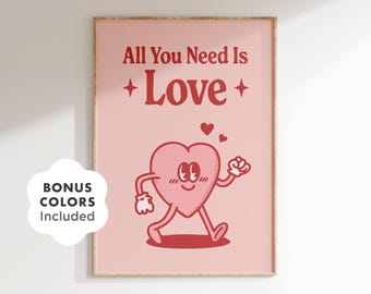 Alles was du brauchst ist Liebe Wandkunst, Retro rosa druckbares Zitat, Selbstliebe Valentine Poster, Vintage Stil Groovy digitaler Download Druck