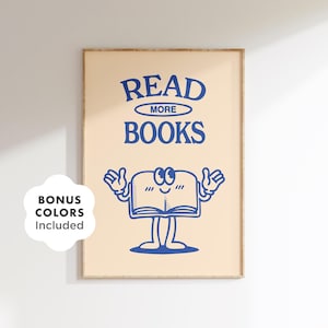 Read More Books Wall Art Printable, Retro Book Character Poster for Kids Room, Classroom or Library, Reading Digital Download Decor