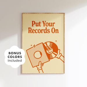 Póster "Pon tus discos", vinilo retro para pared, imprimible para amantes de la música, divertido tocadiscos, decoración estética para salas de música