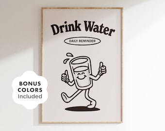 Retro Drink Water Poster, Funny Kitchen Art (Digital Download)