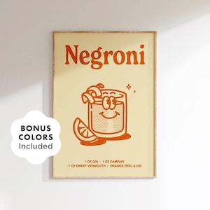 Arte mural de cóctel Negroni retro, divertida decoración imprimible de barra naranja, póster con receta de bebida genial, descarga de barra vintage para cocina o hogar.