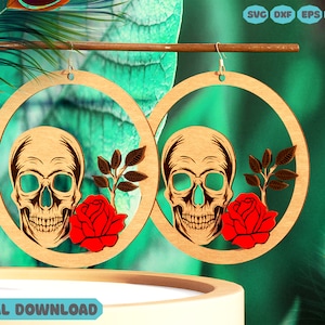 Skull with Rose in Shape Wood Earring Svg Laser