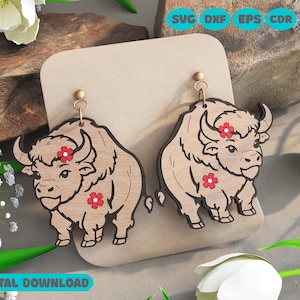Floral Buffalo Earrings SVG | Layered Bison Laser Cut File | Country Western Animal Jewelry – Digital Download