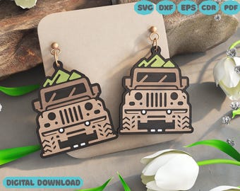 Off-Road Jeep Earrings SVG | Mountain Adventure Laser Cut File | Layered Wood Earring Design – Digital Download