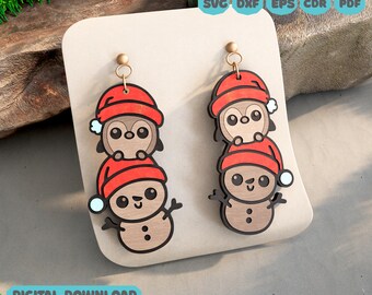Christmas Penguin & Snowman Earrings SVG | Cute Holiday Laser Cut File | Layered Wood Earrings – Digital Download