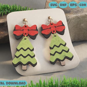 Engraved Christmas Tree Earrings SVG | Single Layer Bow Laser Cut File | Digital Download