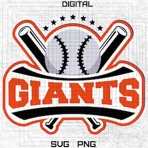 May include: A baseball-themed logo with two crossed bats and a baseball in the center. The word "GIANTS" is written in a bold, orange font across the top of the logo.