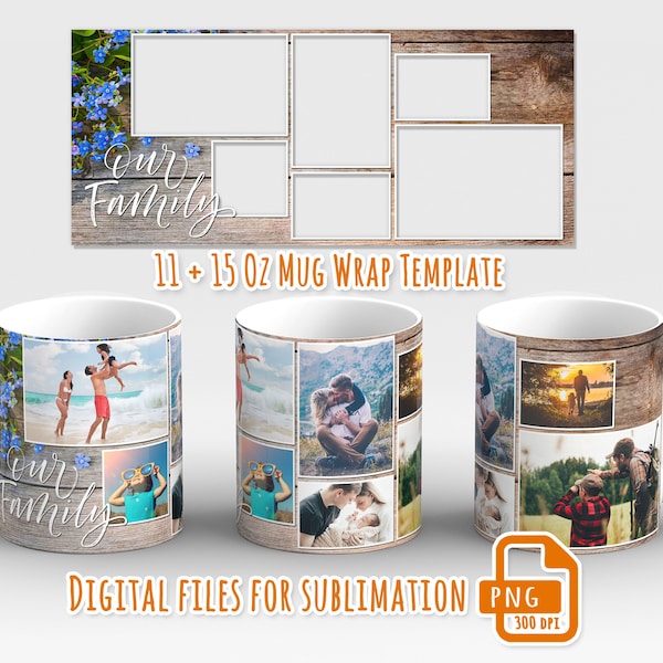 Family photo mug, Photo collage mug wrap png, Picture mug template for sublimation 11 and 15 oz, 6 picture frame mug