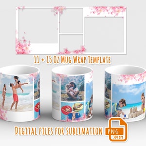 Blumenbecher wickeln, Fotocollage Becher wickeln png, Bildbecherschablone für Sublimation 11 und 15 Unzen, Becher mit 4 Fotorahmen