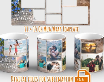 Family photo mug, Photo collage mug wrap png, Picture mug template for sublimation 11 and 15 oz, 6 picture frame mug