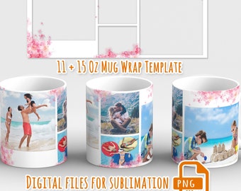 Blumenbecher wickeln, Fotocollage Becher wickeln png, Bildbecherschablone für Sublimation 11 und 15 Unzen, Becher mit 4 Fotorahmen