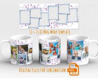 Photo collage mug wrap png, Photo mug png, Picture mug template for sublimation 11 and 15 oz, 8 picture frame mug