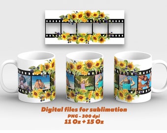 Envoltura de taza de girasol png, plantilla de taza con imagen para sublimación de 11 y 15 oz, taza con 5 marcos de fotos