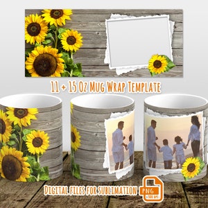 Sunflower Mug Wrap PNG, Custom Photo Mug Wrap, Picture Mug Template Sublimation 11 and 15 oz