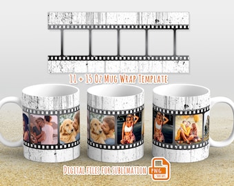 Envoltura de marco de fotos png, envoltura de taza con foto png, plantilla de taza con imagen para sublimación de 11 y 15 oz, taza con marco de fotos