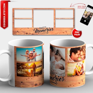 May include: White ceramic mug with a woodgrain background and four photo slots. The mug has the text "Sweet Memories" printed on it. The photo slots are filled with images of a family.