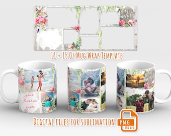 May include: White ceramic mugs with a floral and photo collage design. The mugs feature a template for sublimation, with space for photos and the text "your favorite quote". The design includes the text "Our Family".