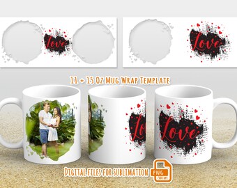 Könnte beinhalten: Zwei Sublimations-Becher-Wrap-Vorlagen mit einem Paar im Aquarell-Stil und einem schwarz-weißen Grunge-Design mit dem Wort "Love" in Rot. Die Vorlagen sind für 11 und 15 Unzen Becher.