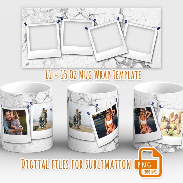 Photo frame png wrap, Photo mug wrap png, Picture mug template for sublimation 11 and 15 oz, 4 photo frame mug