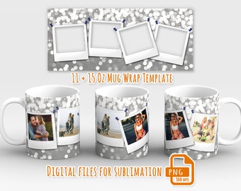 May include: A sublimation template for 11 and 15 ounce mugs featuring a silver glitter background with four photo frames. The frames are decorated with blue push pins and have a white border. The template is for digital download and is 300 DPI.