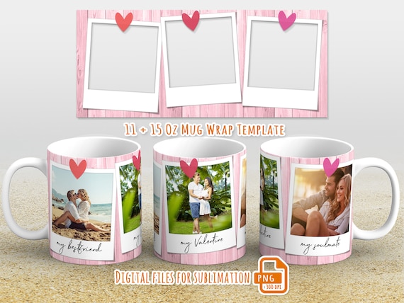 Photo mug wrap png, 3 Picture mug template for sublimation 11 and 15 oz,  pink mug wrap with photo, mug wrap 11 oz, mug wrap for sublimation