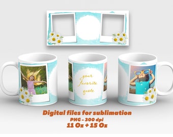 Custom mug photo and text, Daisy mug wrap png, Picture mug template for sublimation 11 and 15 oz, 2 photo frame mug