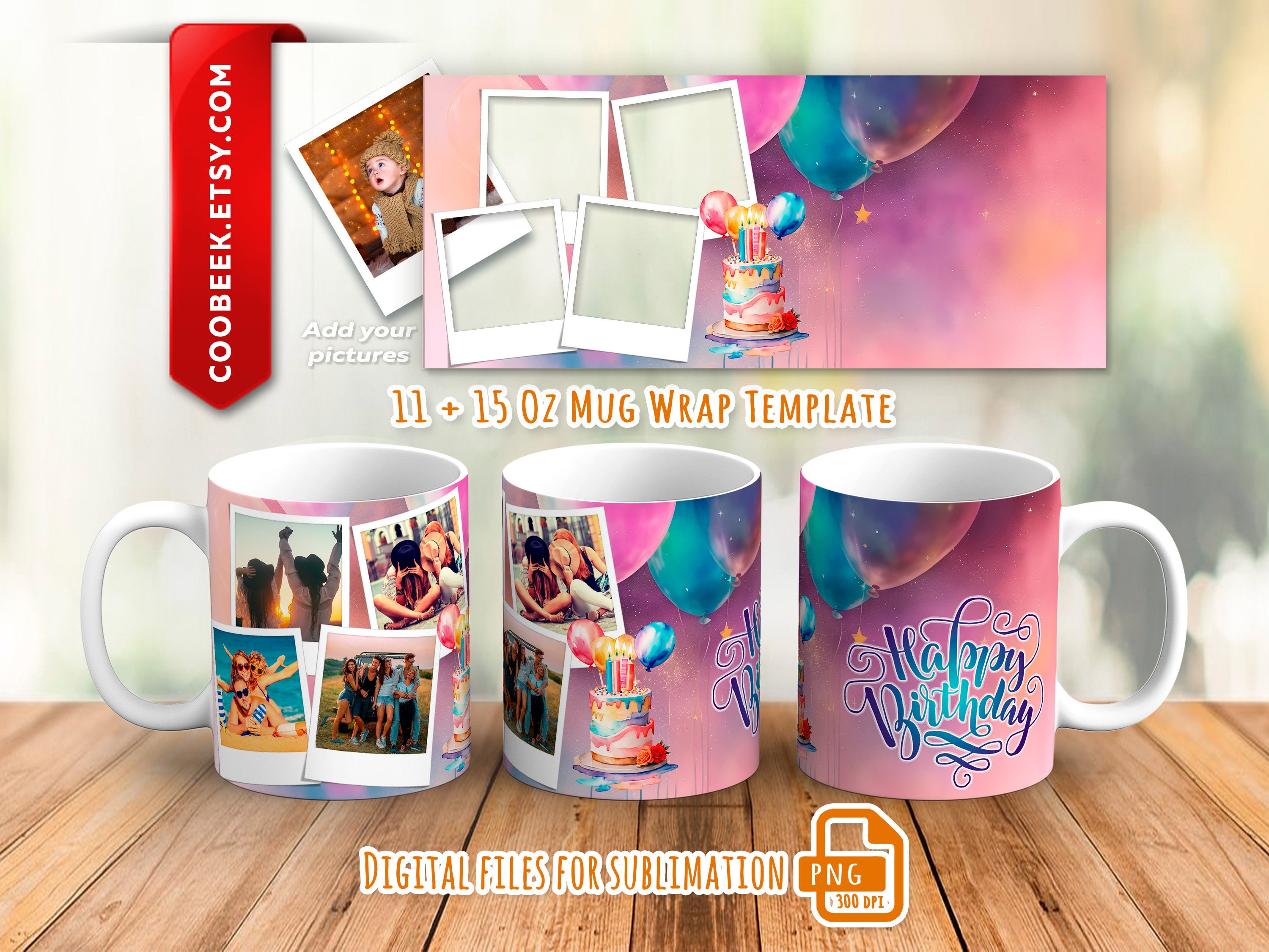 Happy Birthday Becherverpackung, Fototassenvorlage, Bildtasse PNG für Sublimationsdruck 11 und 15 Unzen